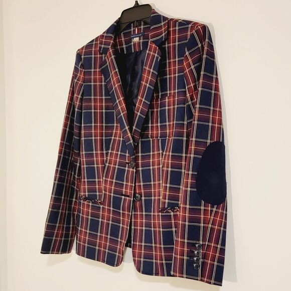 Tommy Hilfiger Navy Red Royal Stewart Plaid Professor Patch Elbow Blazer Size 8 - Picture 5 of 13